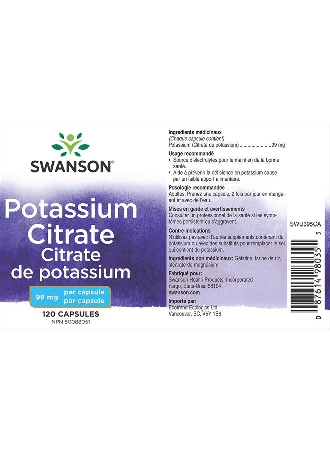 SWANSON Potassium Citrate - Mineral Supplement Promoting Heart Health & Energy Support - Aids Optimal Nerve & Kidney Function with Natural Ingredients - (120 Capsules, 99mg Each)  - Image 2
