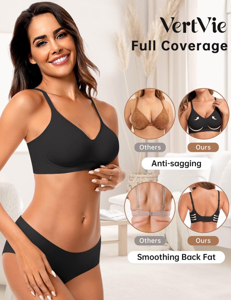 Vertvie Womens Seamless Bra No Underwire Comfort Push Up Bras Buttery Soft Wireless Bralette Full Coverage Sport Everyday Bra(Black,Large) - Image 3