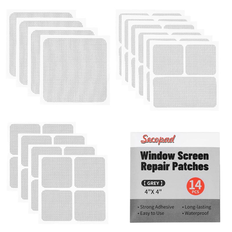 Secopad 14 Sheets Window Screen Patches Repair Kit GreyBlack 3 Sizes Window Screen Repair Kit for Mesh Screen Door Strong Adhesive Fiberglass Quick Screen Repair Tape