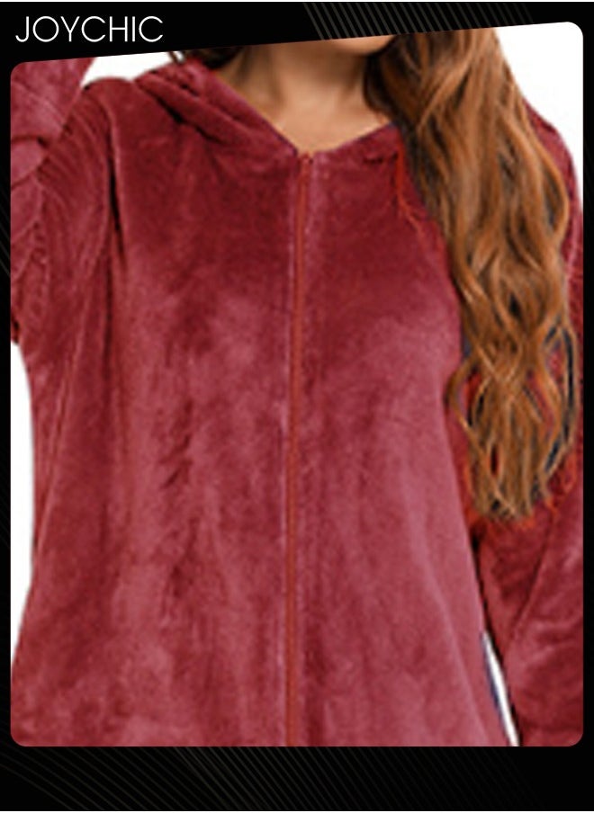 Joychic - Long-sleeved Autumn and Winter Flannel Warm and Windproof Nightgown Cardigan Women Zipper Long Bedroom Pajamas with Hat and Pockets Wine Red - Image 1