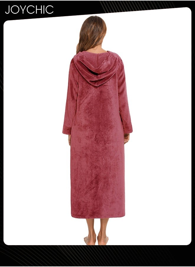 Joychic - Long-sleeved Autumn and Winter Flannel Warm and Windproof Nightgown Cardigan Women Zipper Long Bedroom Pajamas with Hat and Pockets Wine Red - Image 1