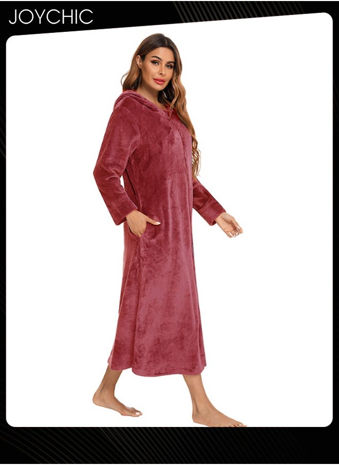 Joychic - Long-sleeved Autumn and Winter Flannel Warm and Windproof Nightgown Cardigan Women Zipper Long Bedroom Pajamas with Hat and Pockets Wine Red - Image 1