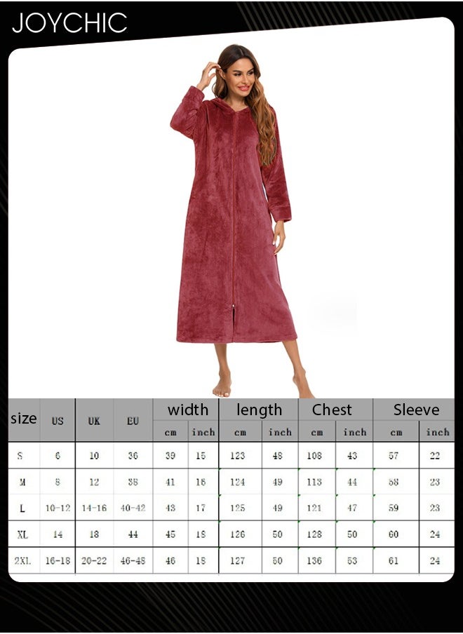 Joychic - Long-sleeved Autumn and Winter Flannel Warm and Windproof Nightgown Cardigan Women Zipper Long Bedroom Pajamas with Hat and Pockets Wine Red - Image 1
