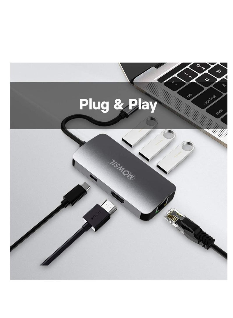 MOWSIL 6 in 1 USB C Hub 4K HDMI and FHD VGA Dual Video Output Type C Hub, PD 100W, Gigabit Ethernet, 3 USB 3.0 Ports, USB C to 3.5mm, SD/TF Slot Multiport Adapter for MacBook Pro/Air 2023, HP, - Image 3