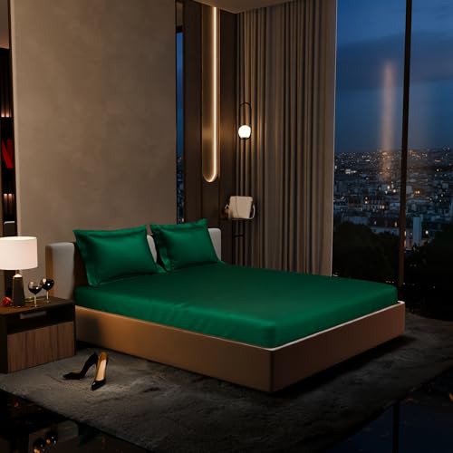 Stoa Paris 300TC UltraSatin King Bedsheet Set, 10” Drop Fitted Bedsheet with 2 Pillow Covers, Hypoallergenic, Wrinkle Free, Aesthetic Bedding, Home Decor, Gift, Date Night - Emerald Green - Image 1