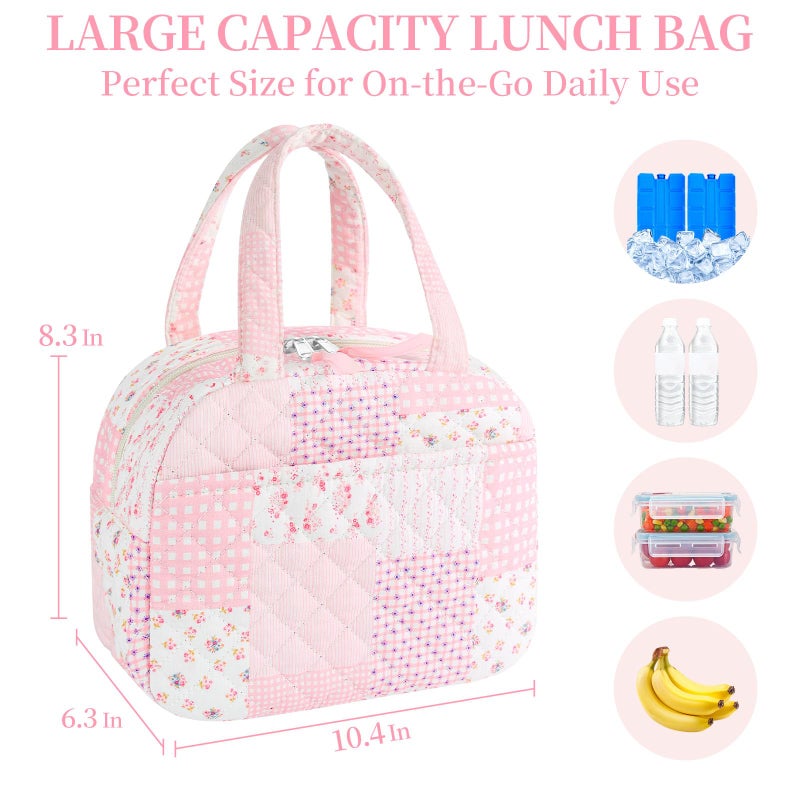 WOBAGMEN Quilted Lunch Box for Women,Lunch Box for Teen Girls,Cute Pink Patchwork Lunch Bags for Work, School,Office,Picnic,Travel (Pink Patchwork) - Image 2
