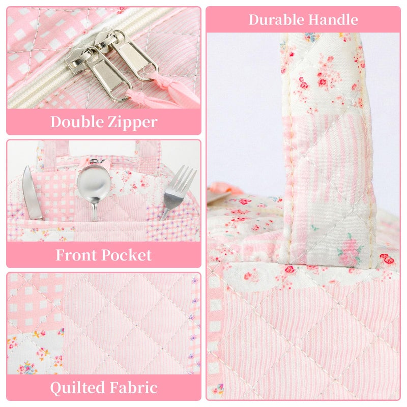 WOBAGMEN Quilted Lunch Box for Women,Lunch Box for Teen Girls,Cute Pink Patchwork Lunch Bags for Work, School,Office,Picnic,Travel (Pink Patchwork) - Image 3