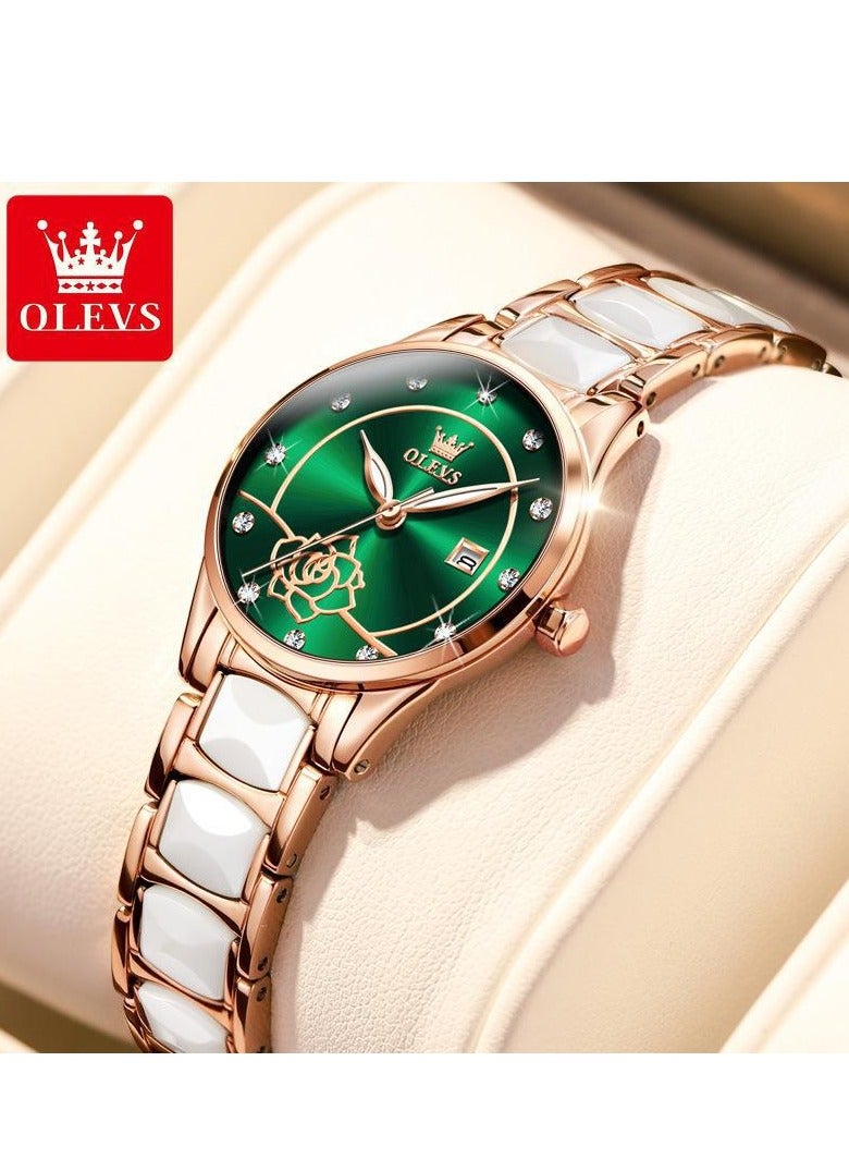 أوليفز ساعة OLEVS للسيدات باللون الذهبي الوردي والسيراميك بتصميم أنيق أنيق وفاخر 3ATM تاريخ مقاوم للماء ساعة كوارتز خضراء مضيئة - Image 1