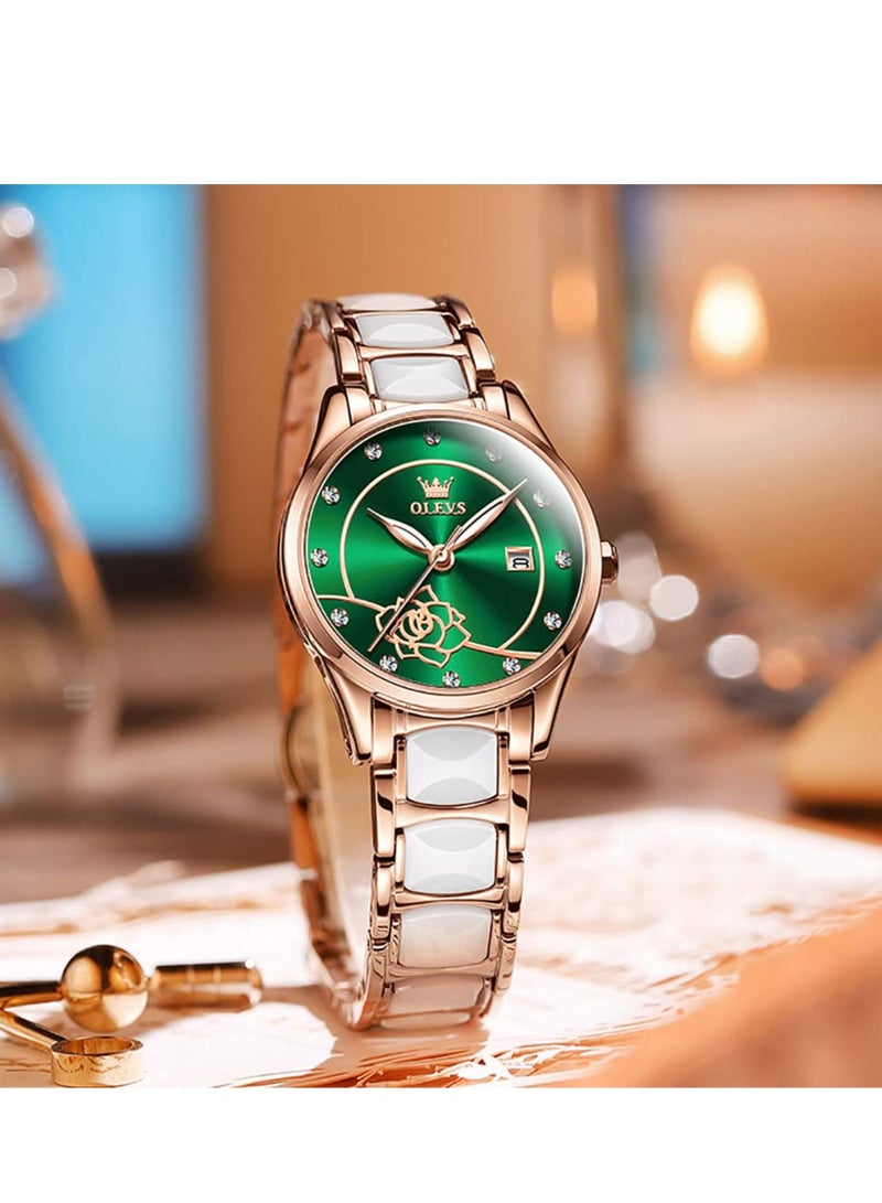 أوليفز ساعة OLEVS للسيدات باللون الذهبي الوردي والسيراميك بتصميم أنيق أنيق وفاخر 3ATM تاريخ مقاوم للماء ساعة كوارتز خضراء مضيئة - Image 2
