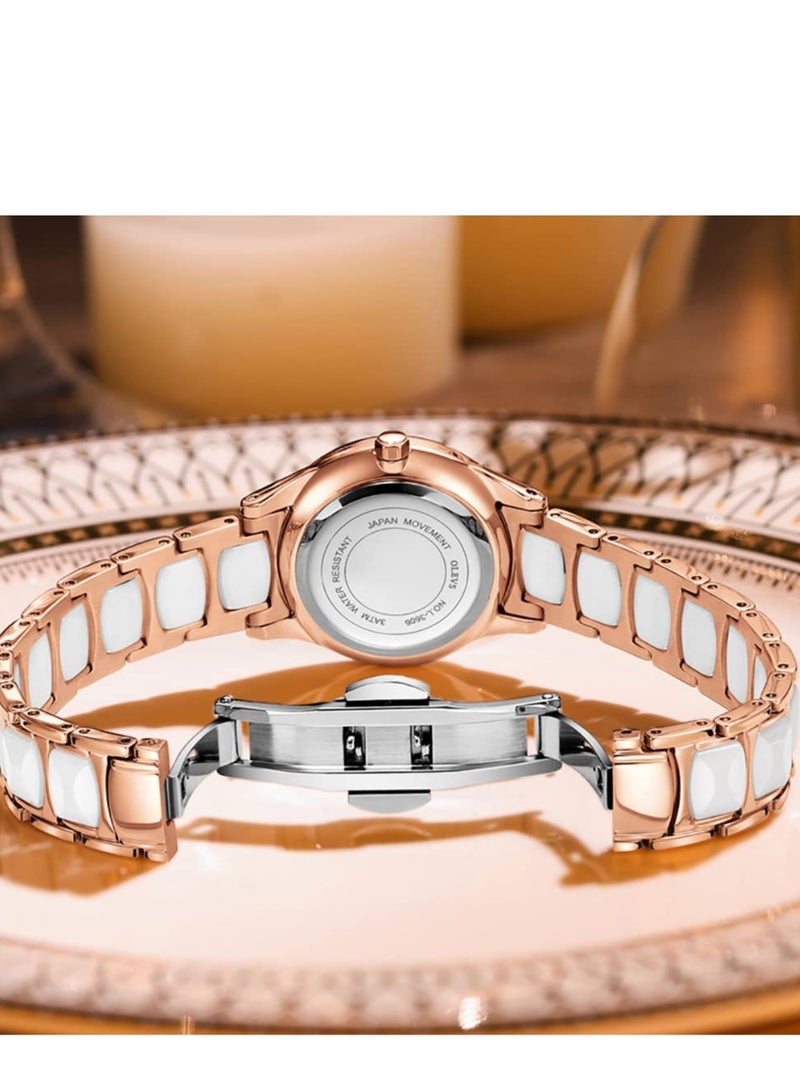 أوليفز ساعة OLEVS للسيدات باللون الذهبي الوردي والسيراميك بتصميم أنيق أنيق وفاخر 3ATM تاريخ مقاوم للماء ساعة كوارتز خضراء مضيئة - Image 3