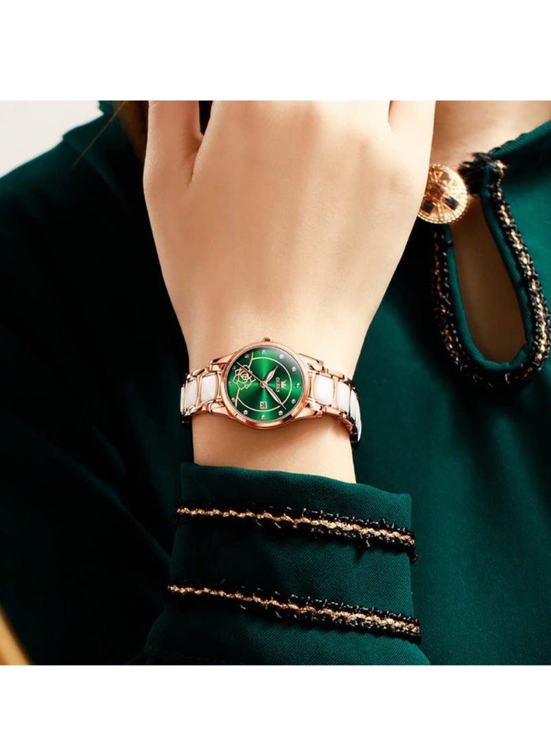 أوليفز ساعة OLEVS للسيدات باللون الذهبي الوردي والسيراميك بتصميم أنيق أنيق وفاخر 3ATM تاريخ مقاوم للماء ساعة كوارتز خضراء مضيئة - Image 5