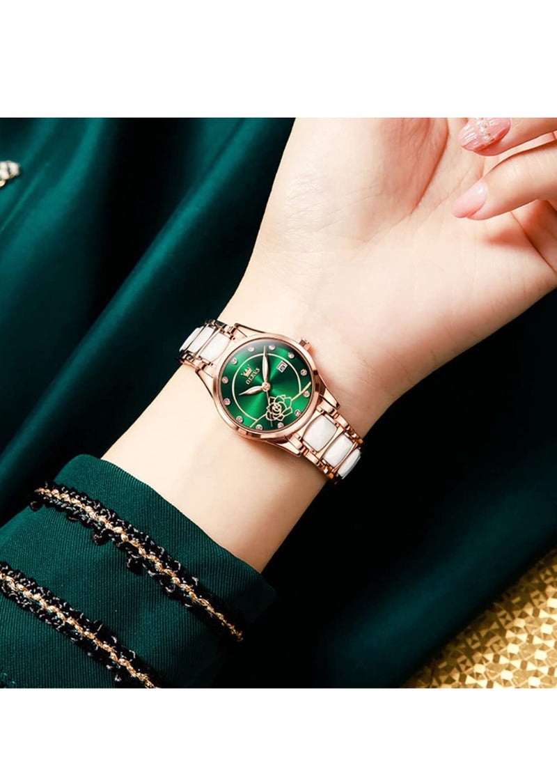 أوليفز ساعة OLEVS للسيدات باللون الذهبي الوردي والسيراميك بتصميم أنيق أنيق وفاخر 3ATM تاريخ مقاوم للماء ساعة كوارتز خضراء مضيئة - Image 4