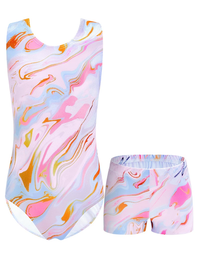 Domusgo Girls Leotards for Gymnastics Set Size 8-9 Years Old Sparkle Pink Tie Dye Outfits with Matching Shorts - Image 1