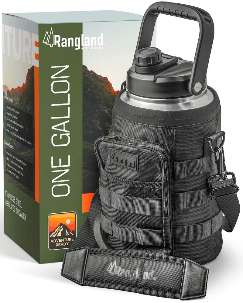 Rangland Insulated 1 Gallon Water Bottle with Sleeve  Stainless Steel Wide Mouth Growler with Tactical Carrying Bag  Insulation for HotCold Drinks 128oz