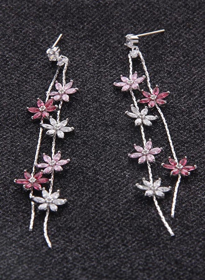 Excefore Flower Drop Earrings 925 Silver needle pin with AAA Grade Cubic Zirconia Droplet Dangle Earrings for Women Girls Elegant Long Threader Earrings - Image 2