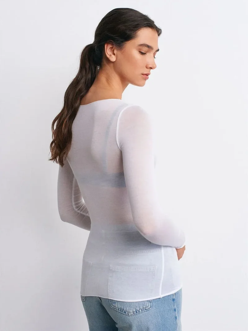Dilvin DILVIN Slim Fit Boat Neck Long Sleeve Knit Blouse