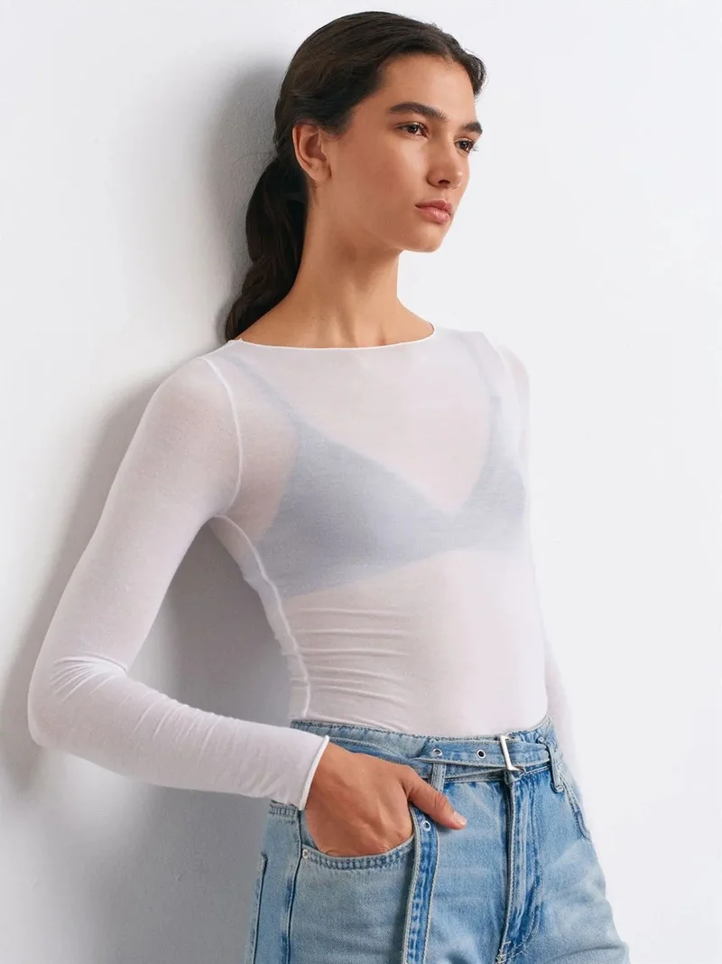 Dilvin DILVIN Slim Fit Boat Neck Long Sleeve Knit Blouse