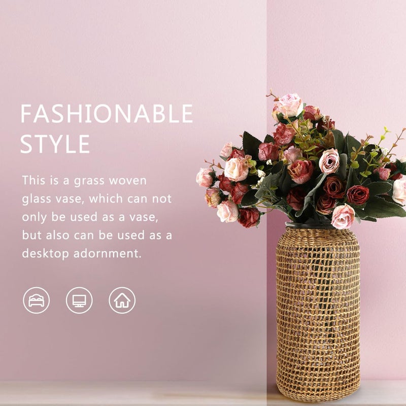 Rustic Rattan Covered Glass Vase Round Farmhouse Flower Container Centerpiece 4 3x4 3x9 8 Inch - Image 3
