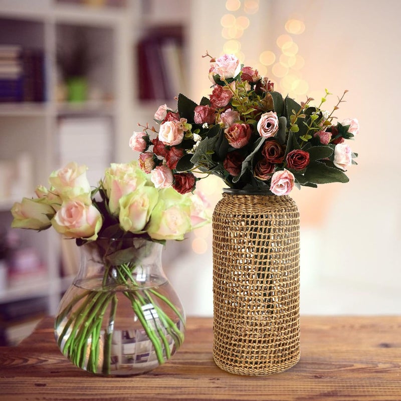 Rustic Rattan Covered Glass Vase Round Farmhouse Flower Container Centerpiece 4 3x4 3x9 8 Inch - Image 5