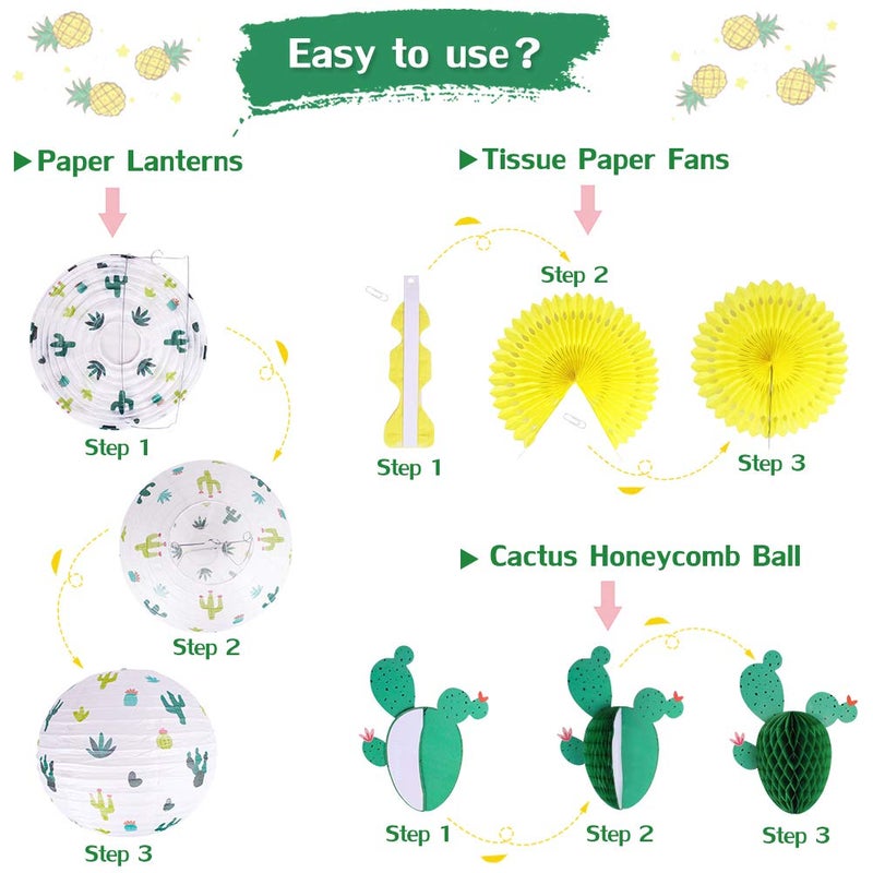zilue Cactus Party Decorations  Hawaiian Party Supplies Tropical Hanging Paper Lanterns Cactus Honeycomb Tissue Paper Fans for Llama Birthday Luau Party Decorations (Green) - Image 3