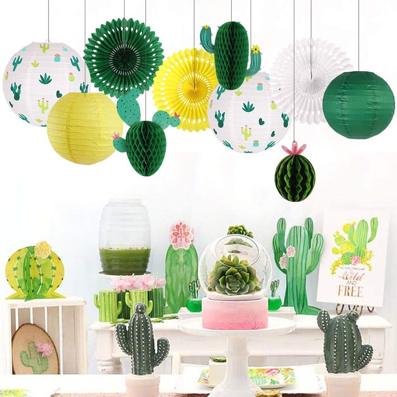 zilue Cactus Party Decorations  Hawaiian Party Supplies Tropical Hanging Paper Lanterns Cactus Honeycomb Tissue Paper Fans for Llama Birthday Luau Party Decorations (Green) - Image 4
