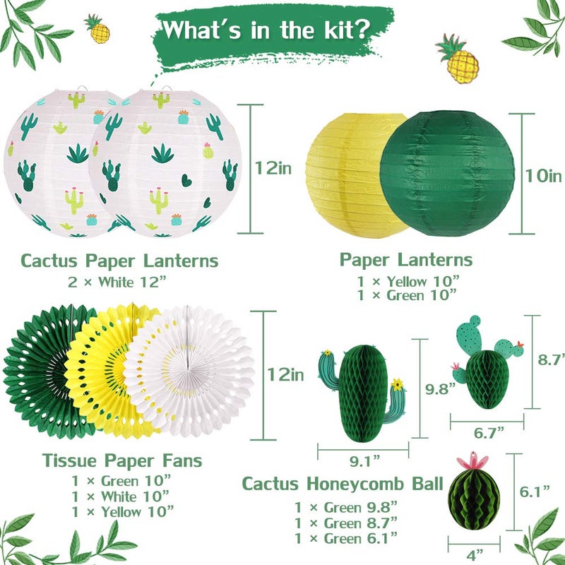 zilue Cactus Party Decorations  Hawaiian Party Supplies Tropical Hanging Paper Lanterns Cactus Honeycomb Tissue Paper Fans for Llama Birthday Luau Party Decorations (Green) - Image 2