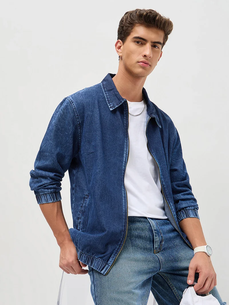 Urbano Fashion Urbano Fashion Men's Blue Relaxed Fit Full Sleeve Harrington Denim Jacket