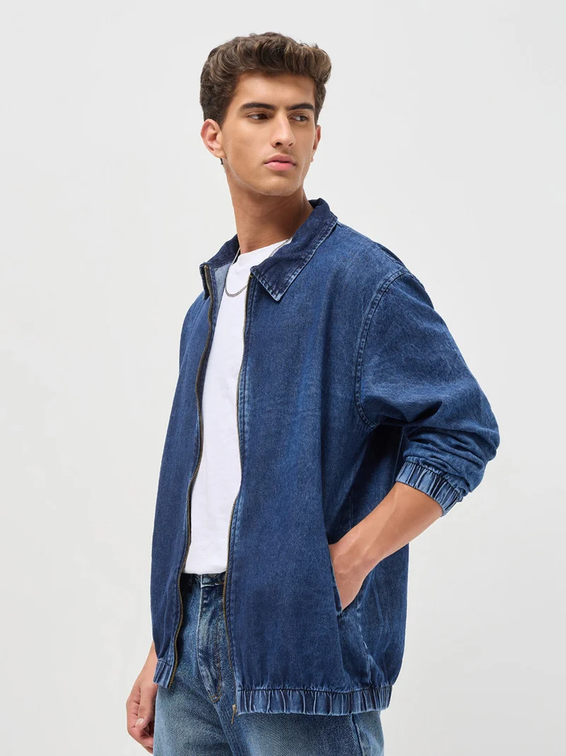 Urbano Fashion Urbano Fashion Men's Blue Relaxed Fit Full Sleeve Harrington Denim Jacket