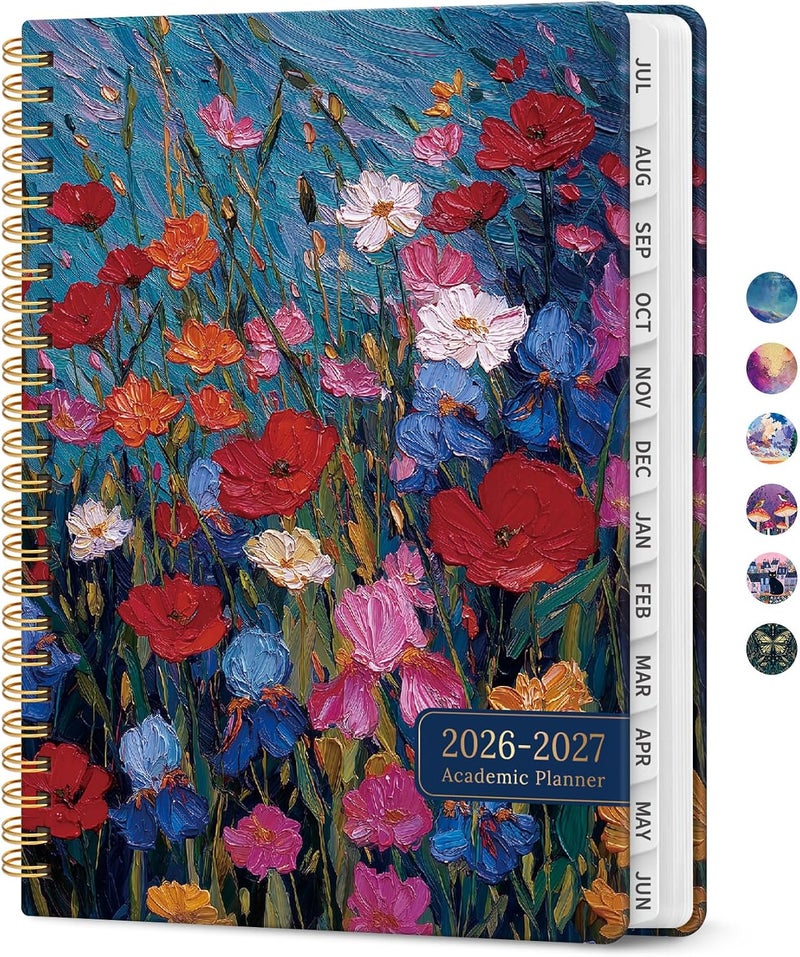 Taja Planner 2026–2027 Academic Book, Weekly and Monthly Layout, July 2026 to June 2027, Hardcover Agenda with Tabs, School and Office Supplies, A5 Size 6.3" x 8.5" - Impasto Blooms - Image 1