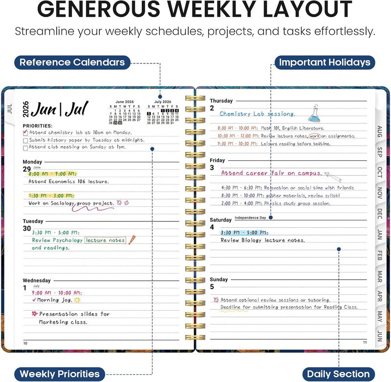 Taja Planner 2026–2027 Academic Book, Weekly and Monthly Layout, July 2026 to June 2027, Hardcover Agenda with Tabs, School and Office Supplies, A5 Size 6.3" x 8.5" - Impasto Blooms - Image 3