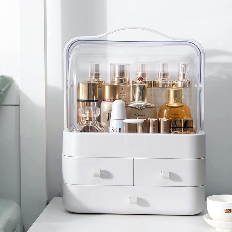 Mammoth Makeup Organizer Cosmetic Display with Drawers High Transparent Acrylic Cover Fully Open Waterproof Dust-Proof Portable Handle Jewelry, Skincare BathroomDresser Bedroom Countertop (White) - Image 1