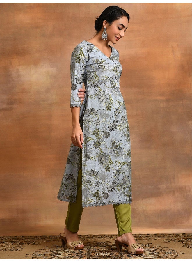 AKS Grey Floral Print Lurex Design Kurta - Image 3