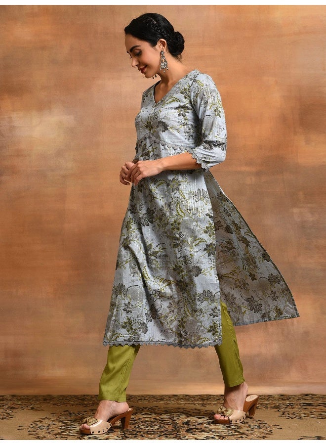 AKS Grey Floral Print Lurex Design Kurta - Image 5