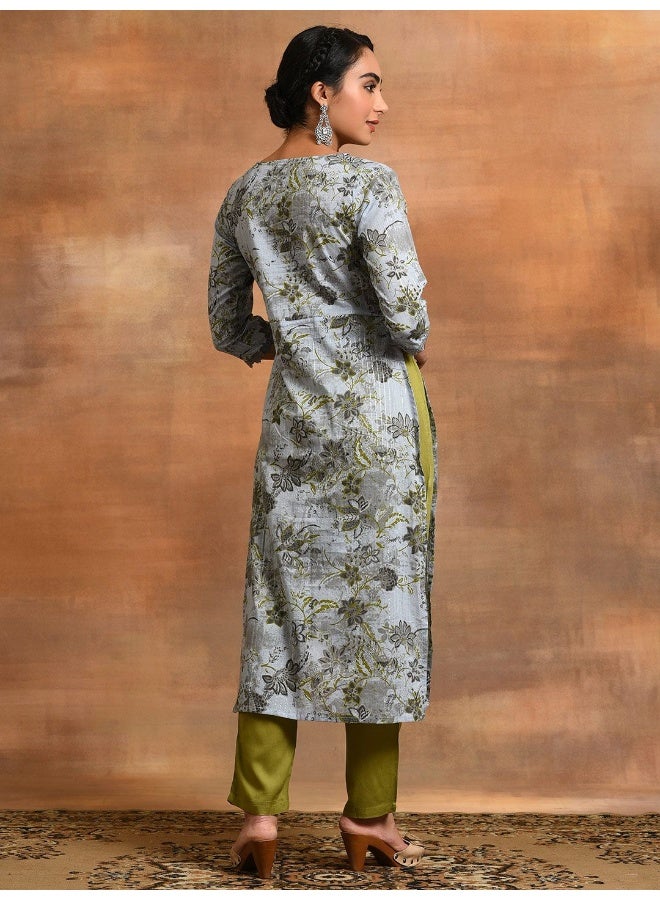 AKS Grey Floral Print Lurex Design Kurta - Image 4