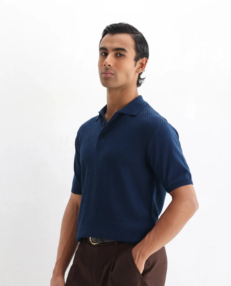 Rare Rabbit Men's Cable Knit Regular Fit Solid Polo