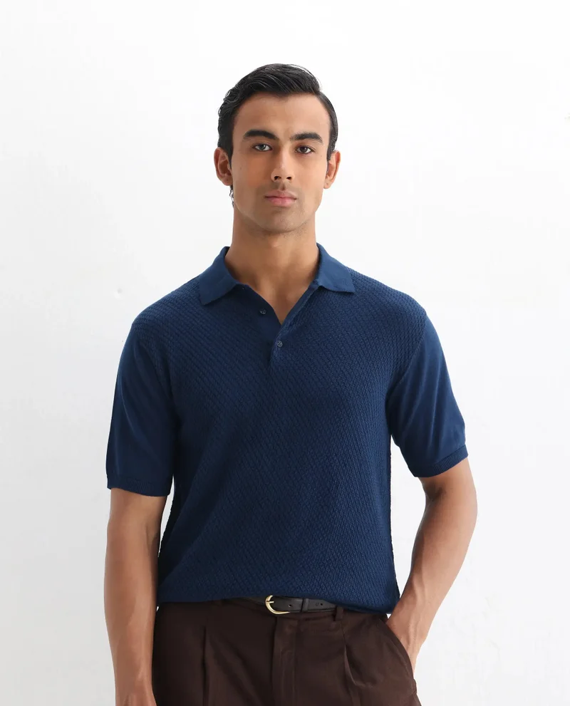 Rare Rabbit Men's Cable Knit Regular Fit Solid Polo
