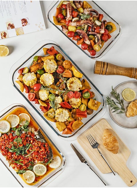 3 Piece Bakeware Pan Set Clear Small 1x1.6, Medium 1x2.2, Large 1x3.0Liters