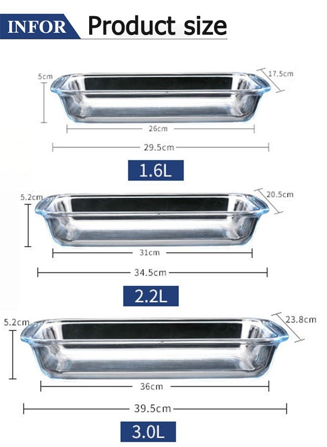3 Piece Bakeware Pan Set Clear Small 1x1.6, Medium 1x2.2, Large 1x3.0Liters