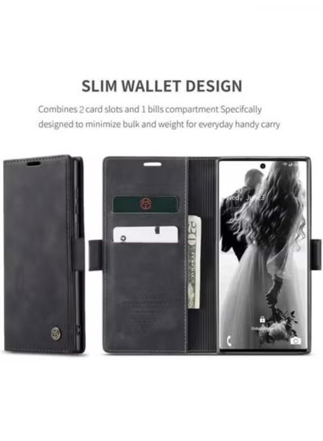 لحقيبة Samsung Galaxy S23 Ultra ، غطاء محفظة جلدية فاخرة ، جراب محفظة جلدي بتصميم كلاسيكي مع فتحة بطاقة وحافظة مغناطيسية قابلة للطي باللون الأسود - Image 4