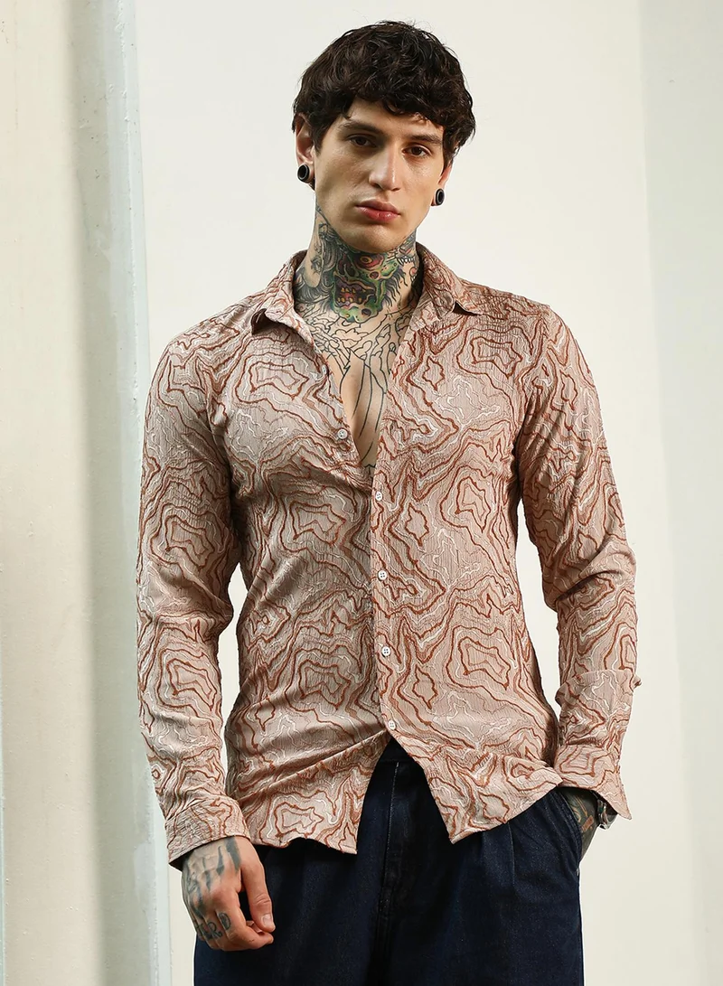 Campus Sutra Men's Slim Fit Beige Abstract Pattern Full Sleeve Shirt