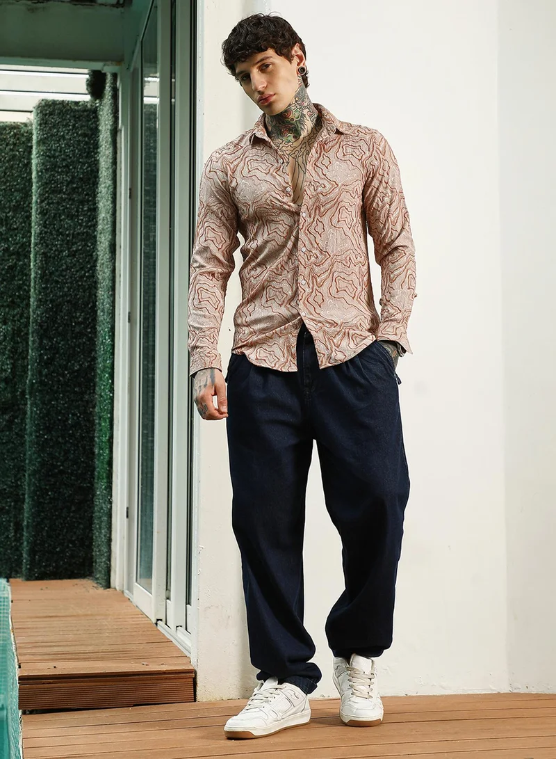 Campus Sutra Men's Slim Fit Beige Abstract Pattern Full Sleeve Shirt