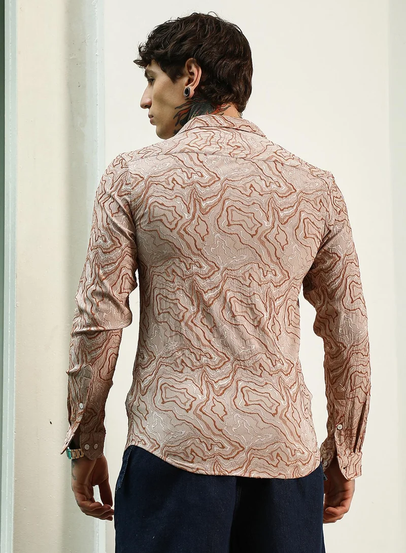 Campus Sutra Men's Slim Fit Beige Abstract Pattern Full Sleeve Shirt