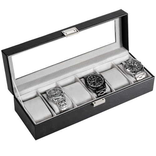 ProCase Watch Box 6 Slot Mens Watch Case Watch Storage Holder Organizer Watch Display Case with Glass Lid Anniversary Birthday Valentine Gifts for Men Women 6 Slot Black - Image 1