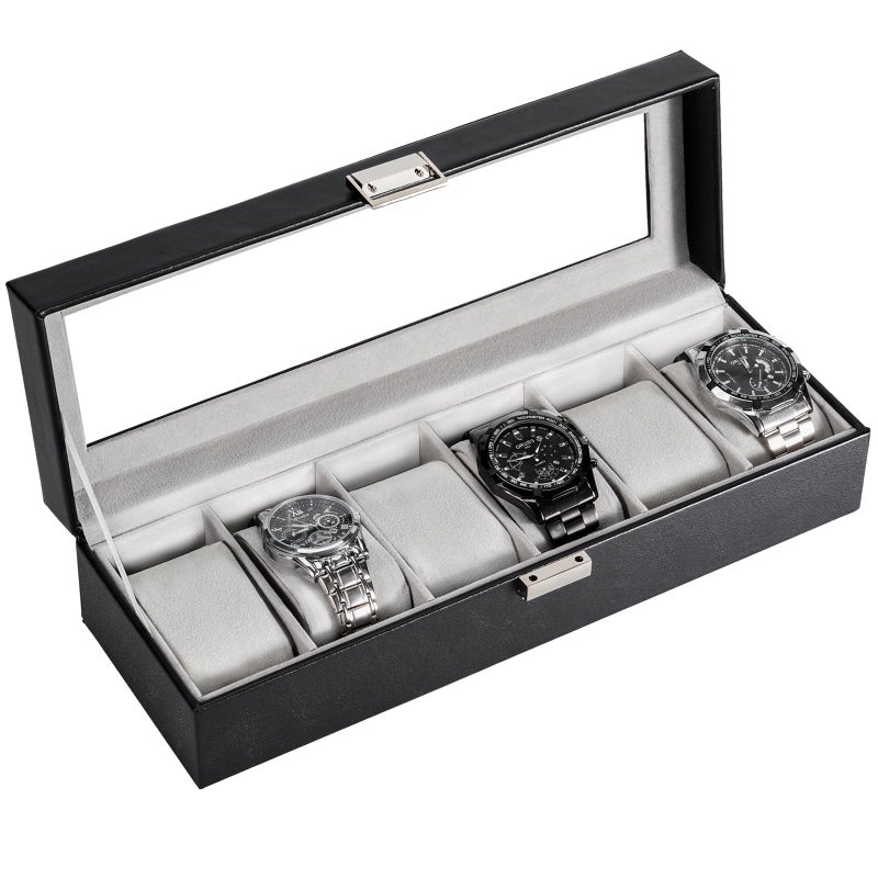 ProCase Watch Box 6 Slot Mens Watch Case Watch Storage Holder Organizer Watch Display Case with Glass Lid Anniversary Birthday Valentine Gifts for Men Women 6 Slot Black - Image 2