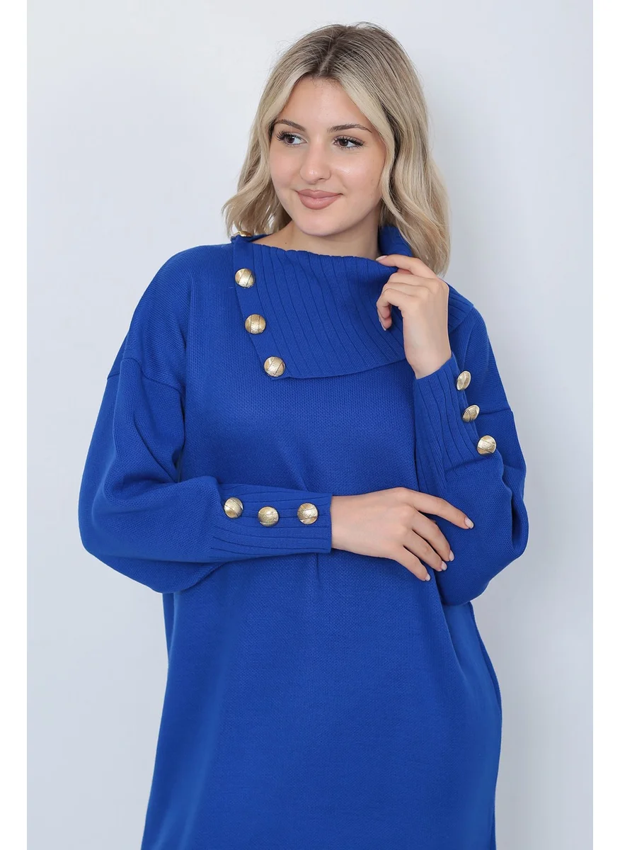 Lugmo Knitwear Long Women's Dress Collar Buttoned Blue