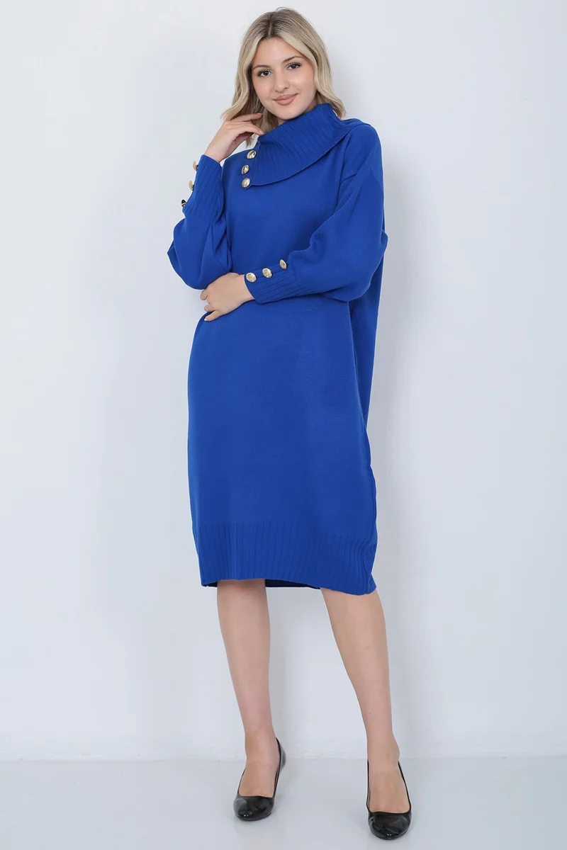 Lugmo Knitwear Long Women's Dress Collar Buttoned Blue