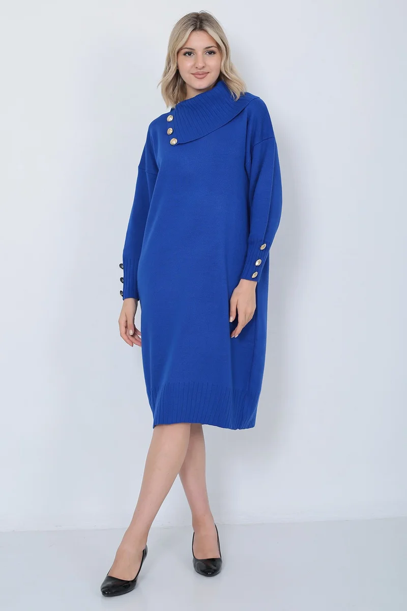 Lugmo Knitwear Long Women's Dress Collar Buttoned Blue