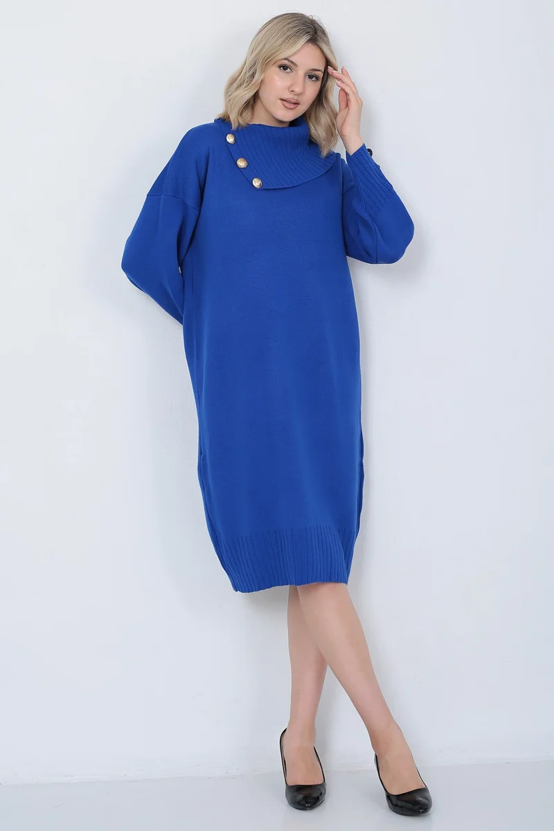 Lugmo Knitwear Long Women's Dress Collar Buttoned Blue
