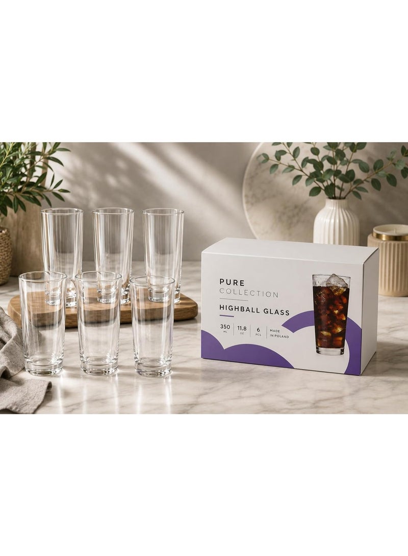 KROSNO Pure Collection Highball Glass Set - 6 Pieces (350 ml) Beer/Wine or Water Glasses Tumblers Made in Poland | Family Gifting Material For Birthdays, Housewarming Occassions, Lightweight Glassware - Image 1