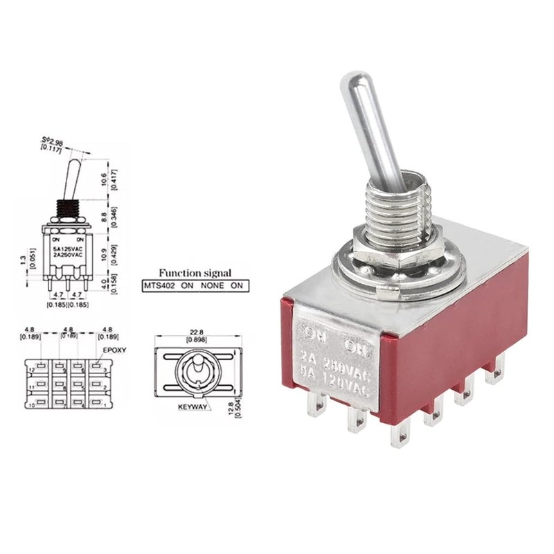 مفتاح تبديل ذاتي الإعادة Red MTS 402 SPDT DPDT 5A 125V 3A 250V AC ON ON ON Off ON 1 قطعة - Image 3